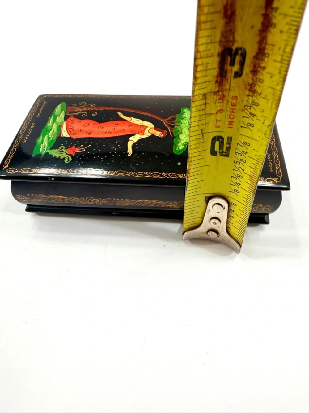 USSR Russian Palekh Lacquer Miniature Box Hand Painted, Fairy Tale Artist Signed